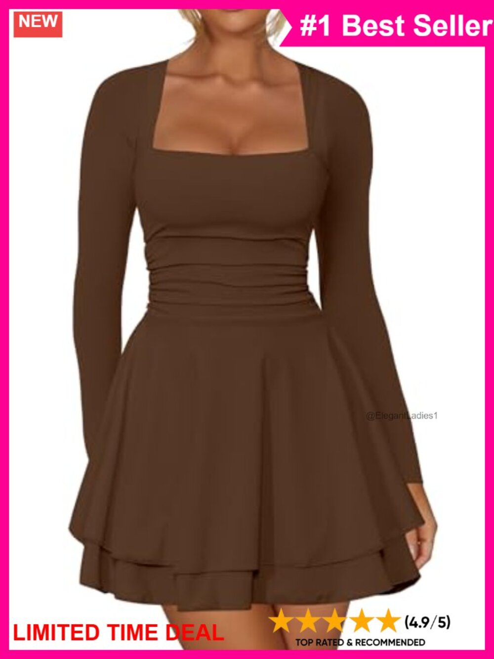 Long Sleeve Mini Dress Square Neck Ruffle Hem Bodycon Party Club
